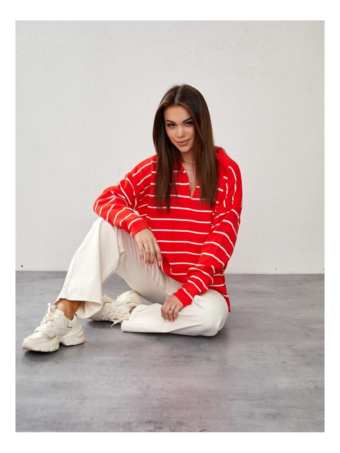 Oversized thin sweater with a collar, brick red 0583 - Online store - Boutique